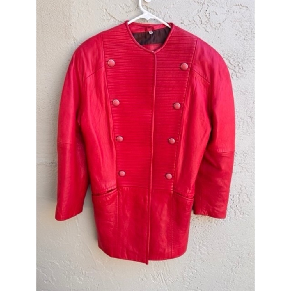 Vintage Trinkers Red Leather Double Breasted Ribbed Texture Jacket MEDIUM 80s